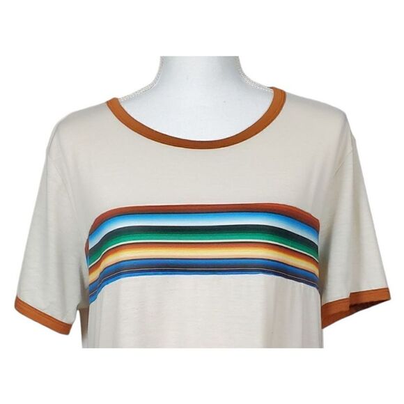 Lucky and Blessed T-Shirt Striped Size Medium Beige Blue Southwestern Santa Fe - Picture 3 of 7